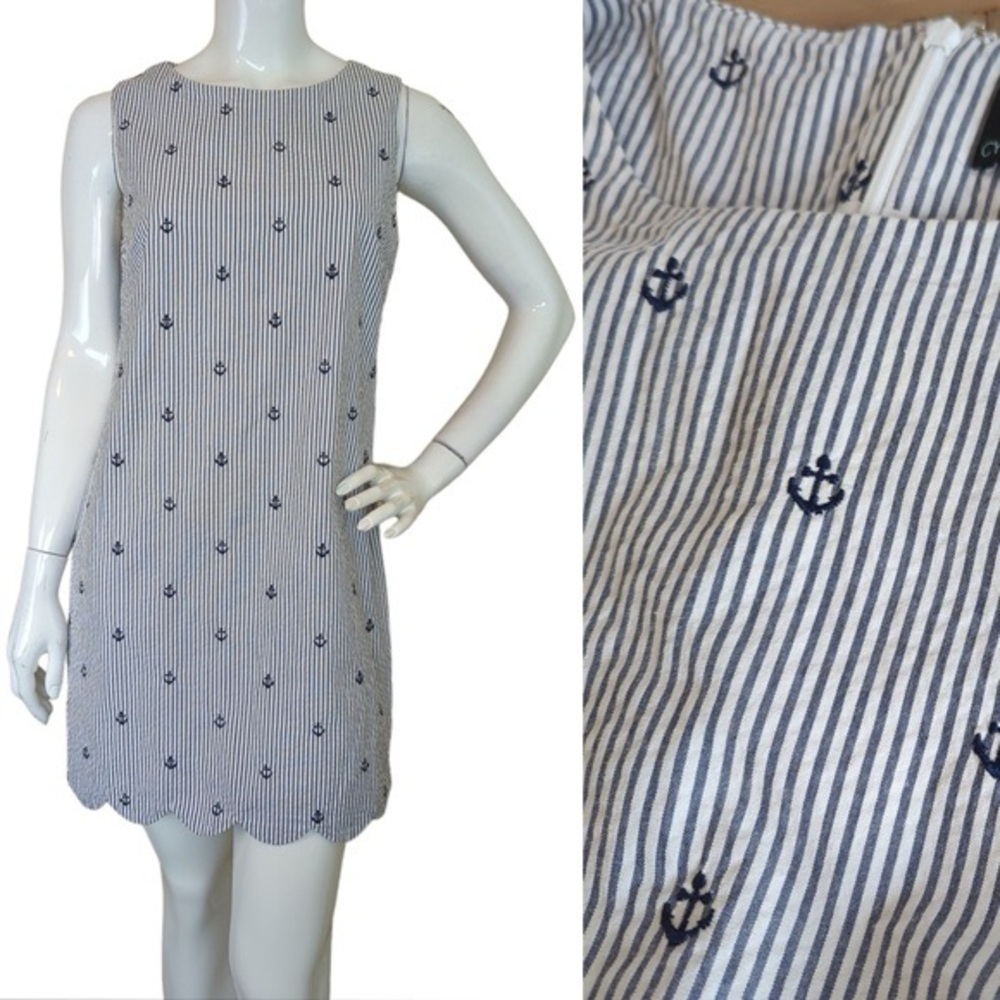 Blue White Striped Nautical Anchor Print Dress with Scalloped Hem